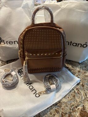 Brentano Super Soft Brown Studded Mini Backpack with Gold Hardware